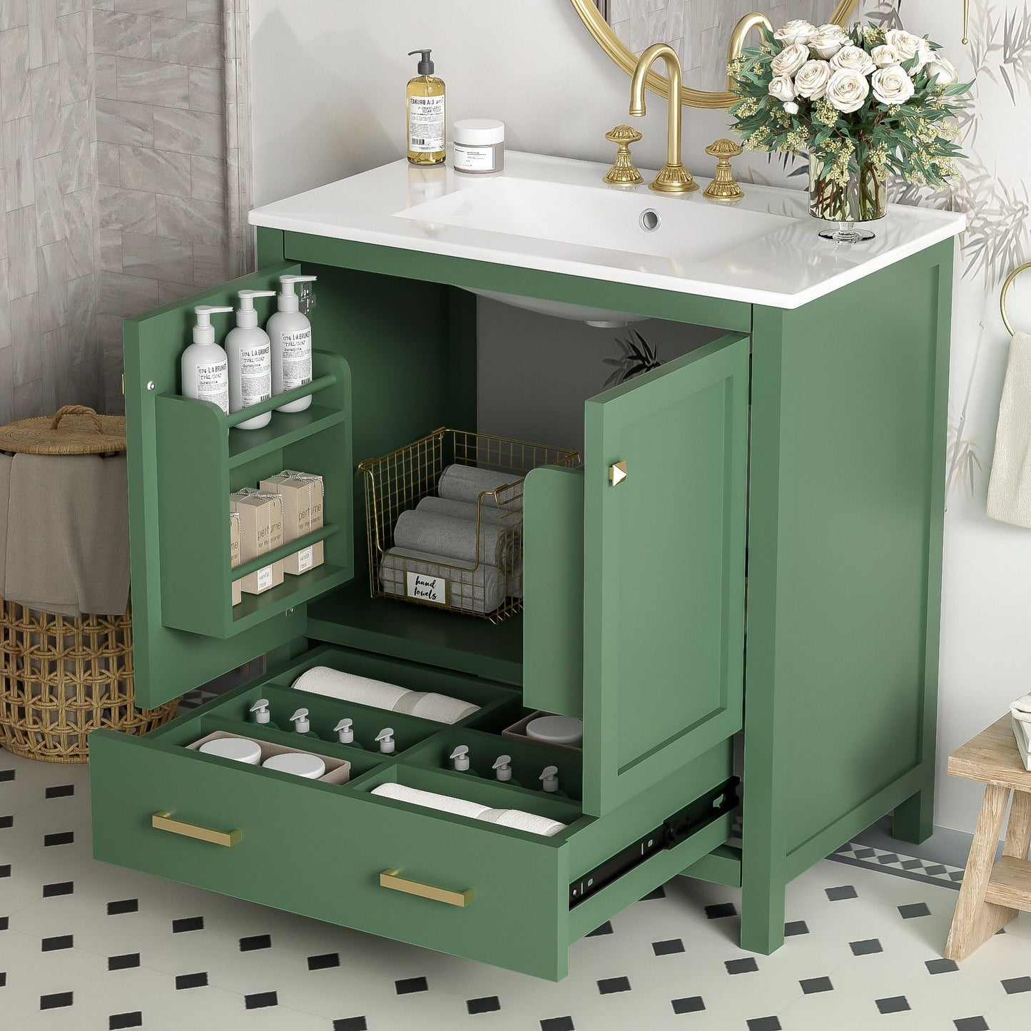 Mueble de baño con lavabo individual, mueble combinado bajo encimera, armario de almacenamiento con dos puertas y cajón, cierre suave, almacenamiento multifuncional, estructura de madera maciza.