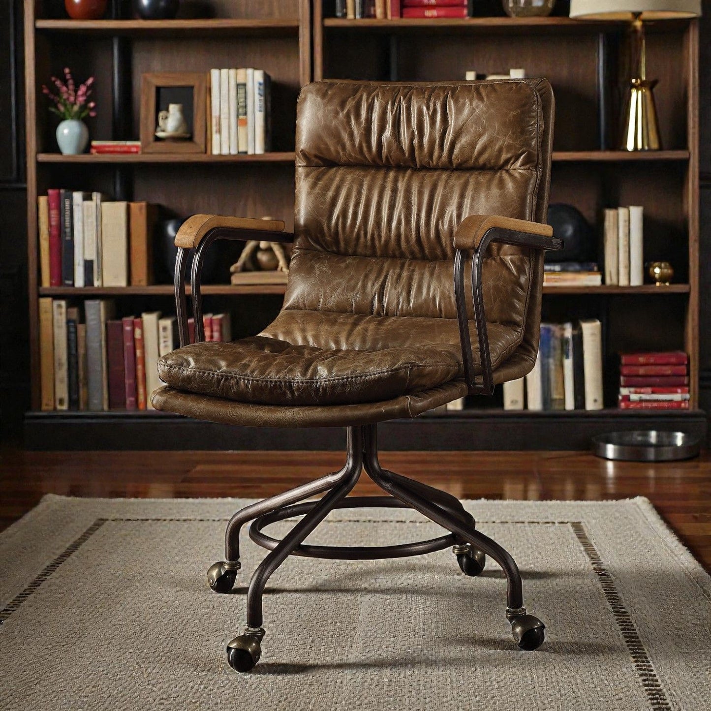 Harith - Silla de oficina vintage de cuero de grano superior - Marrón