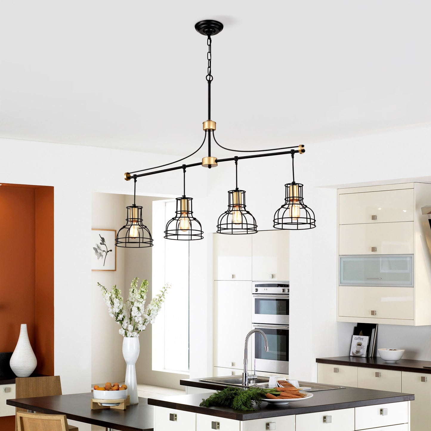 Lámpara de mesa para comedor, lámpara colgante de 40" para lámparas lineales de estilo rústico, lámpara de techo de 5 luces para isla de cocina, con pantalla de metal - Dorado/Negro mate