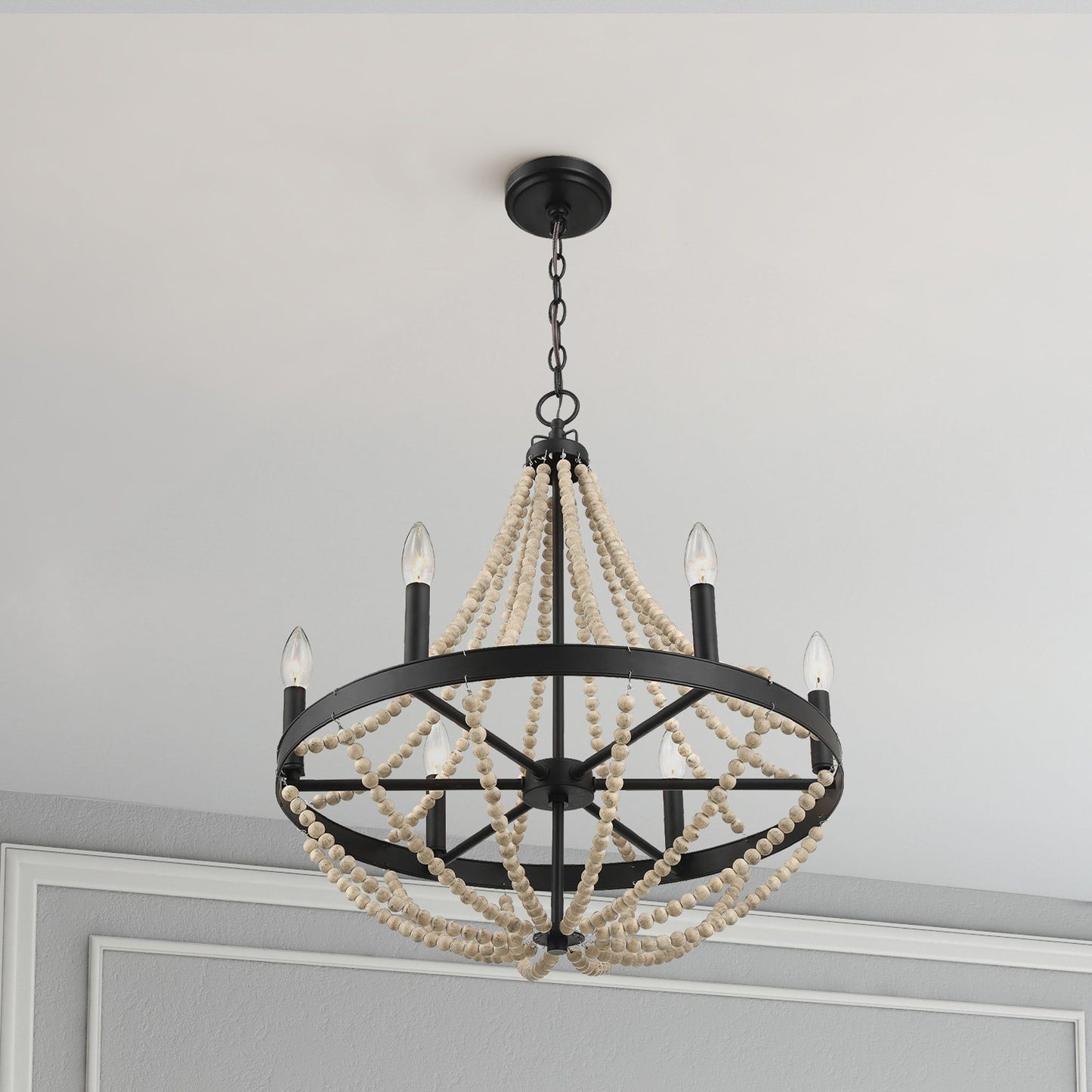 Starry - Chandelier 6 Candle Light Wood Beaded Pendant Light For Dining Room - Black / Clear