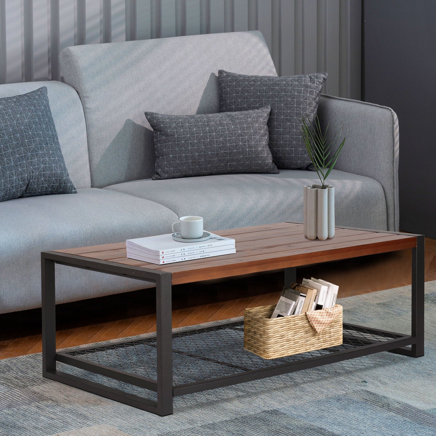 Mesa de centro consola con acabado de madera recuperada para sala de estar - Natural
