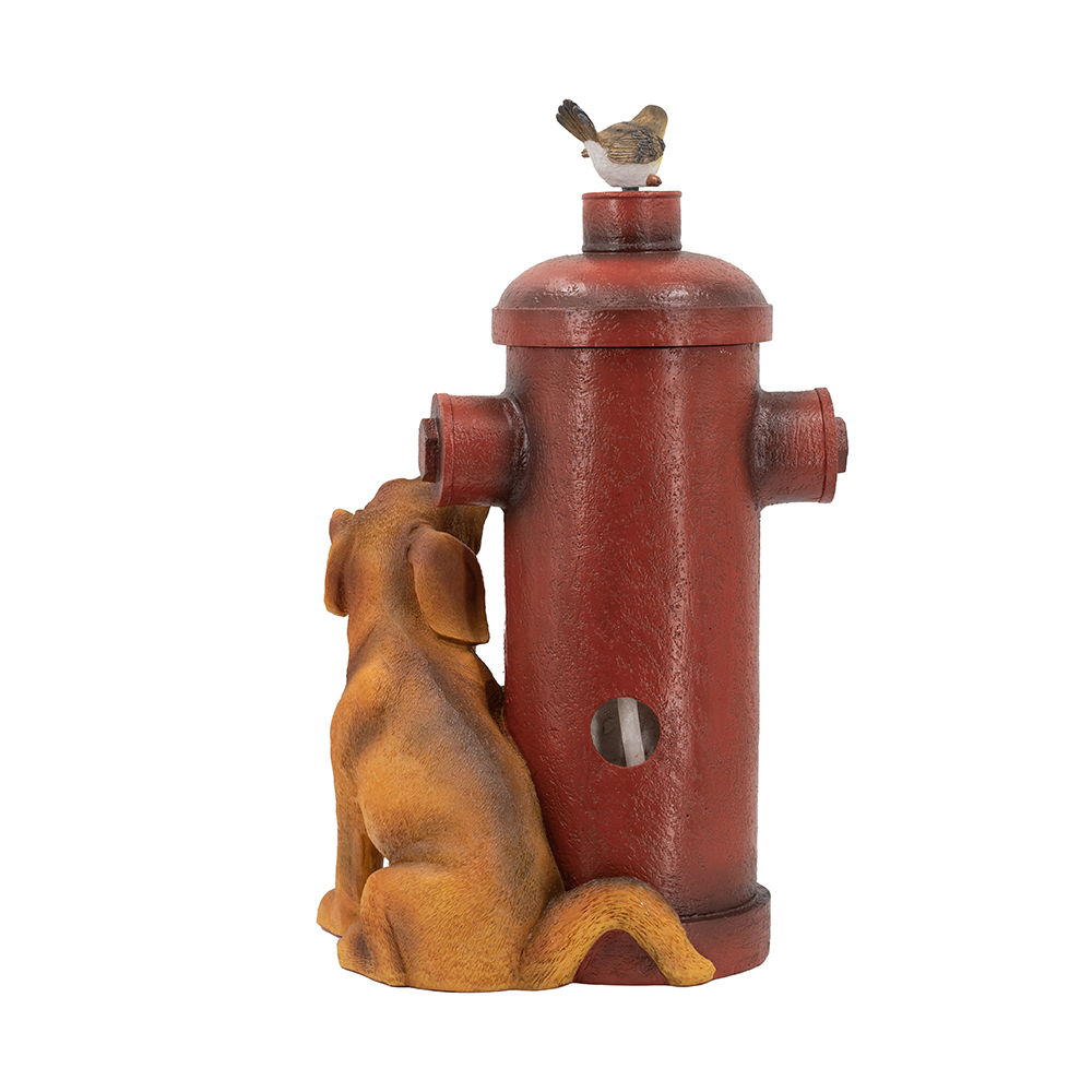 Fuente de agua con hidrante rojo y detalles de perro y pájaro, fuente de exterior con luz y bomba - Rojo/Marrón claro