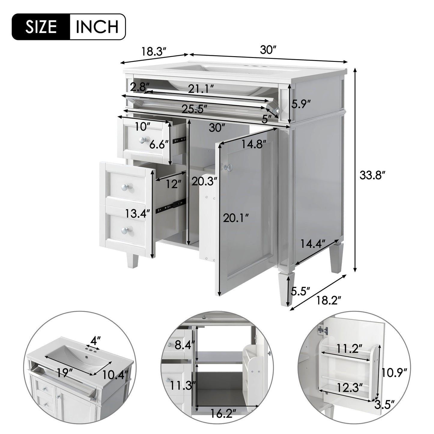 Mueble de baño con lavabo superior, mueble de baño moderno con 2 cajones y un cajón abatible