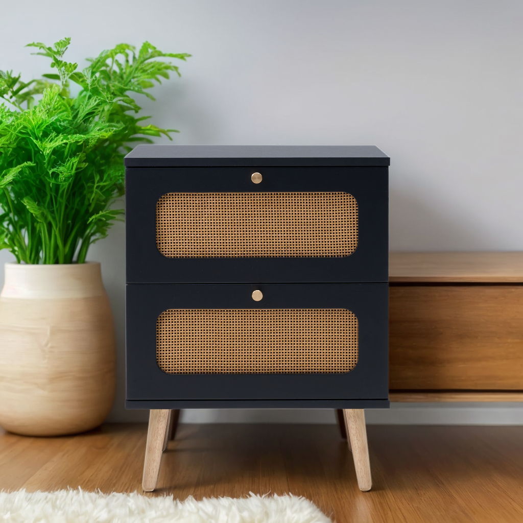 Mesita de noche de ratán con dos cajones para dormitorio y sala de estar, mesa auxiliar con dos cajones decorados con ratán hecho a mano - Negro