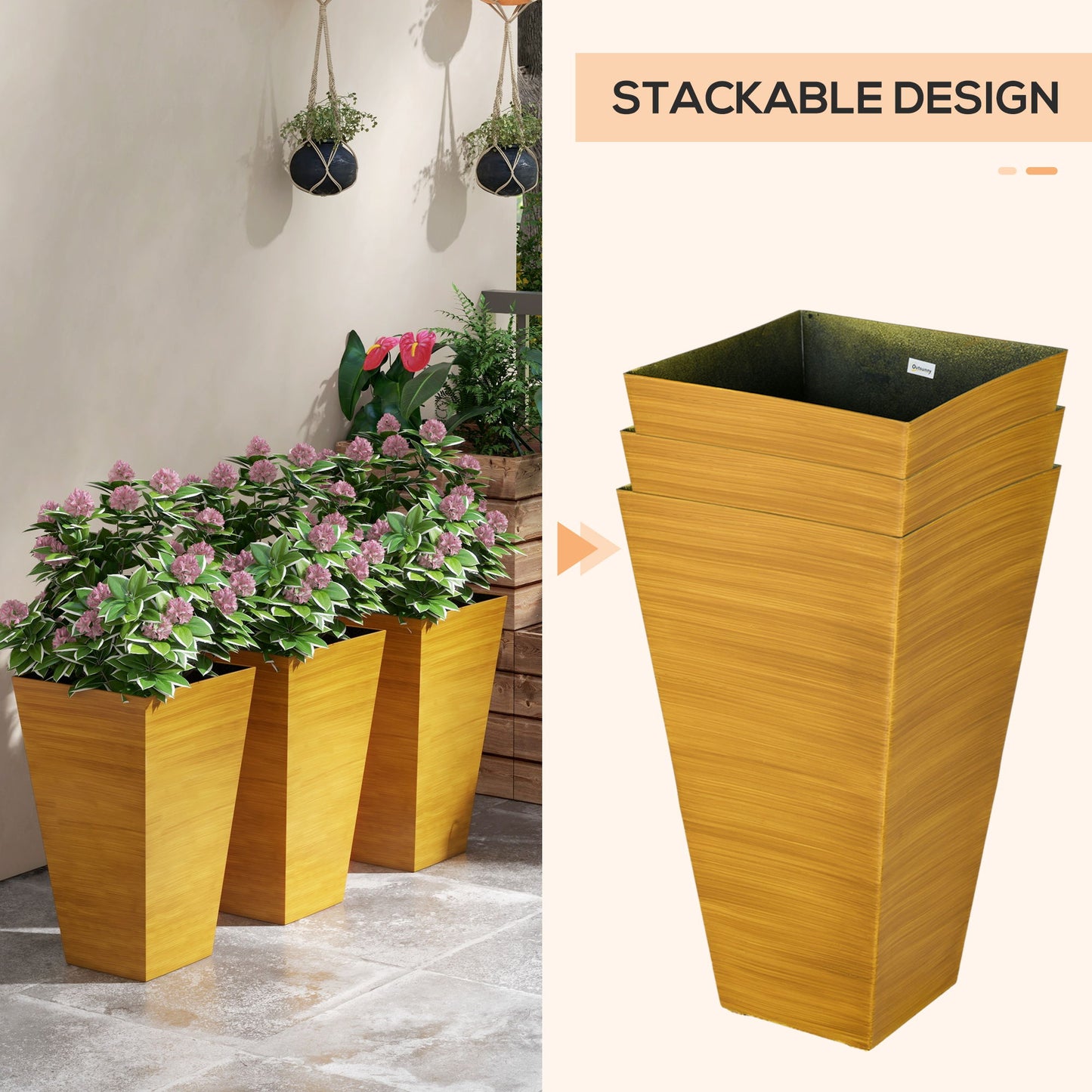 Outsunny - Macetas de exterior (juego de 3) Macetas cónicas grandes con orificios de drenaje y tapón, macetas de plástico imitación madera para exterior, interior, jardín y patio.