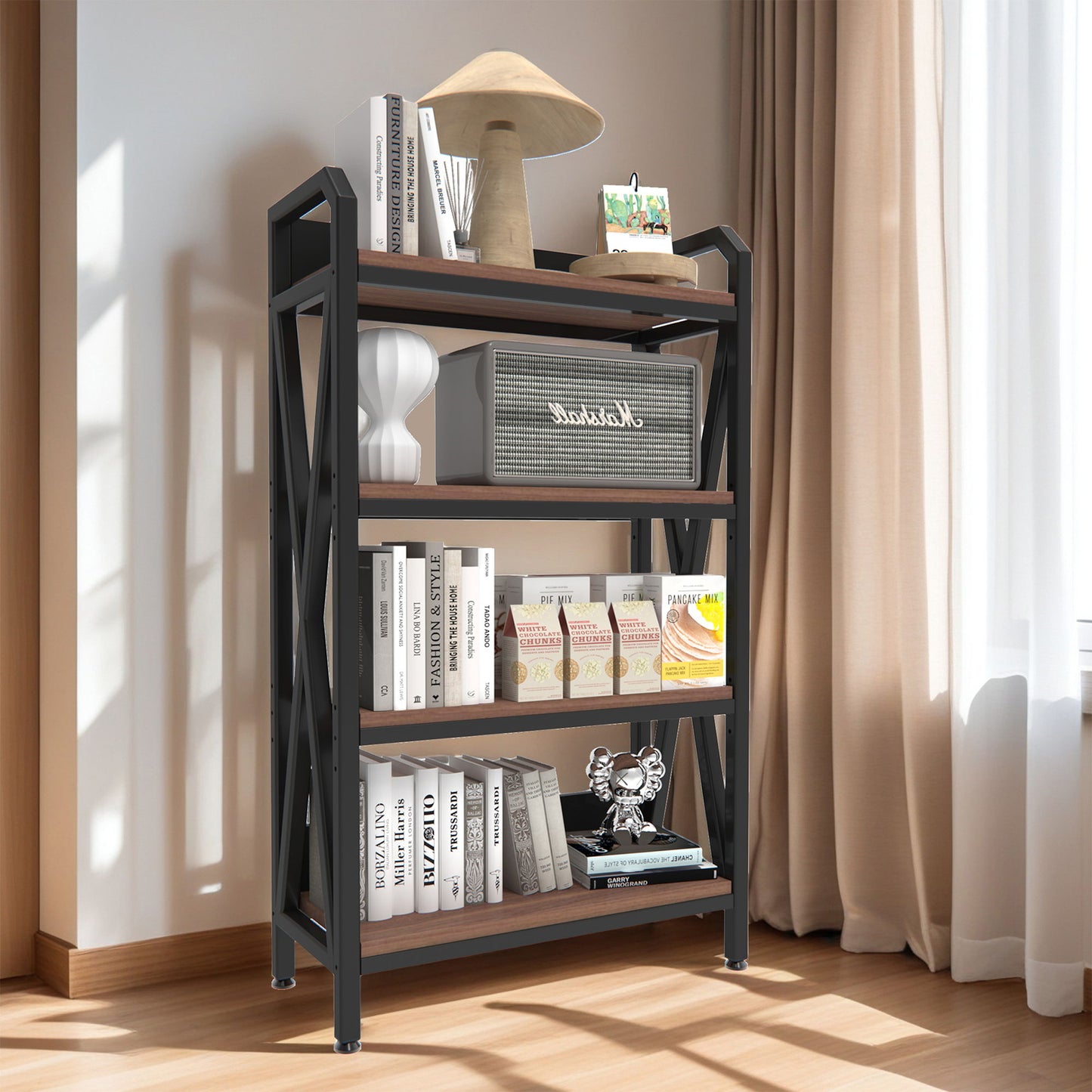 Bakers Rack Storage Shelves 4 Level Mental And Wooden Kitchen Shelves, Kitchen Organizers And Storage, For Garage, Pantry, Bathroom, Closet - Black / Black Brown