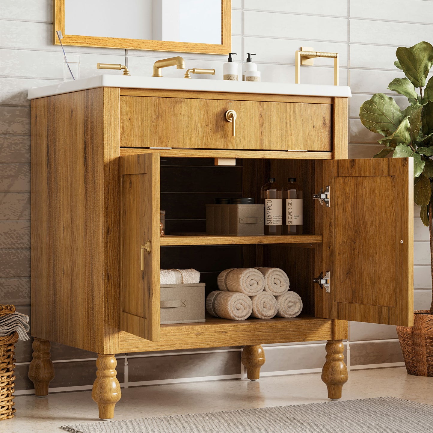 Bathroom Vanity With Seashell Resin Sink, Flip Up Storage, Soft Close Doors - Brown