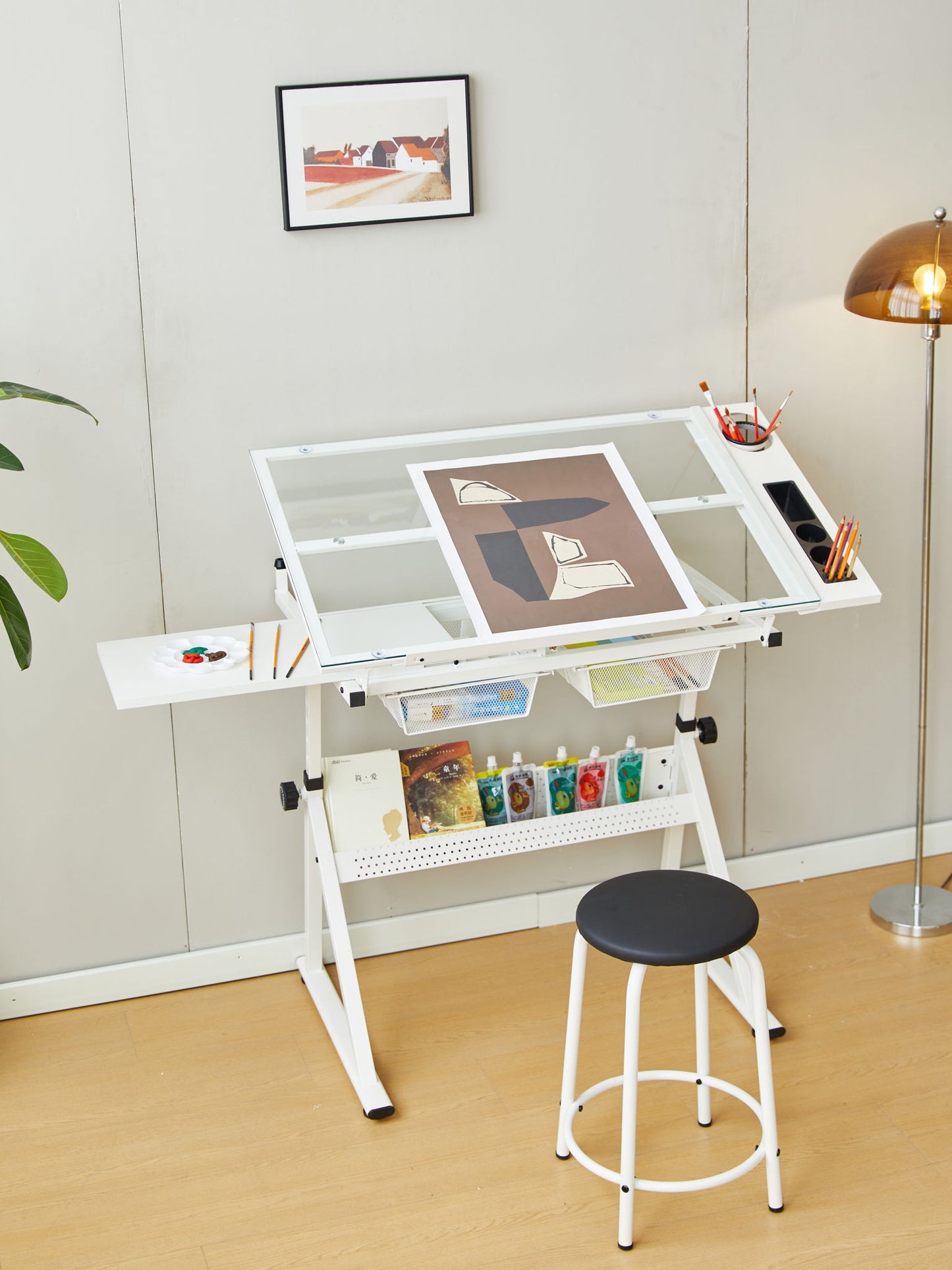 Mesa de dibujo e impresión de vidrio templado ajustable con silla