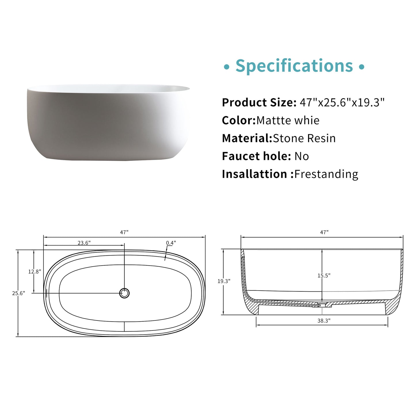 Bañera independiente de piedra de resina de superficie sólida. Diseño moderno con desagüe automático y rebosadero, ideal para hogares pequeños. Blanco mate.