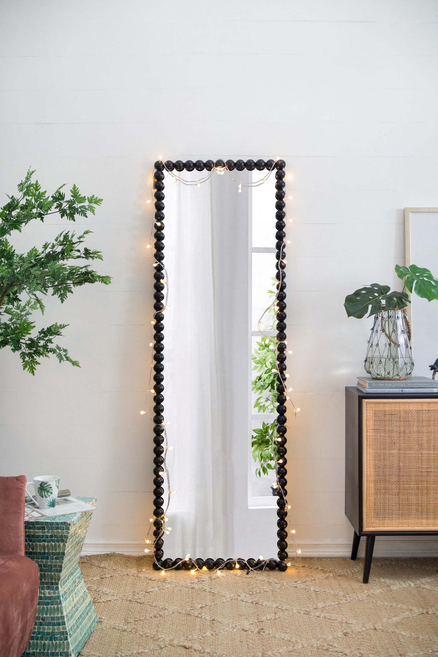 Espejo de cuerpo entero con marco de metal con cuentas, espejo rectangular extragrande para sala de estar y dormitorio - Negro