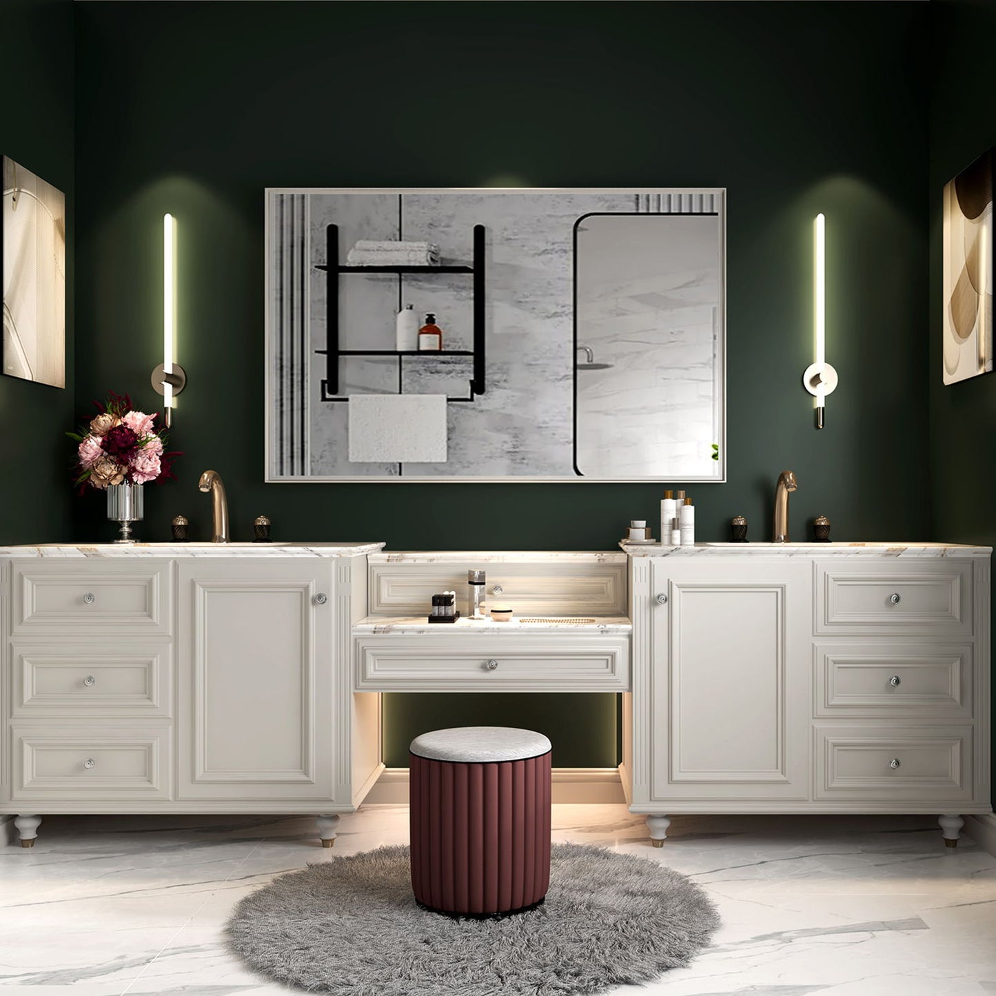 Espejo de baño rectangular biselado de pared, con marco de metal cuadrado y ángulo recto (horizontal y vertical), blanco brillante.