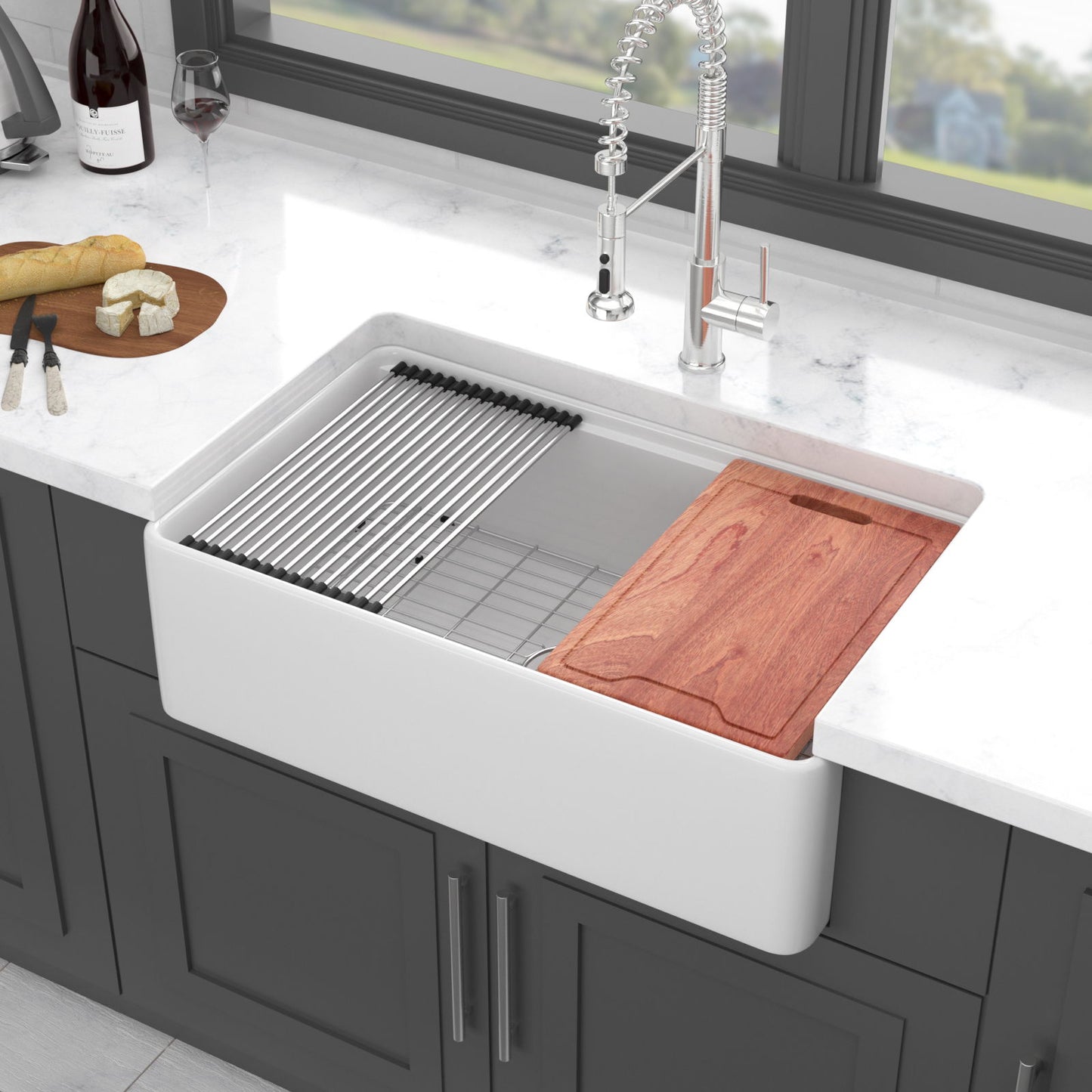 Farmhouse Sink Workstation, Ceramic Single Bowl With Accessories