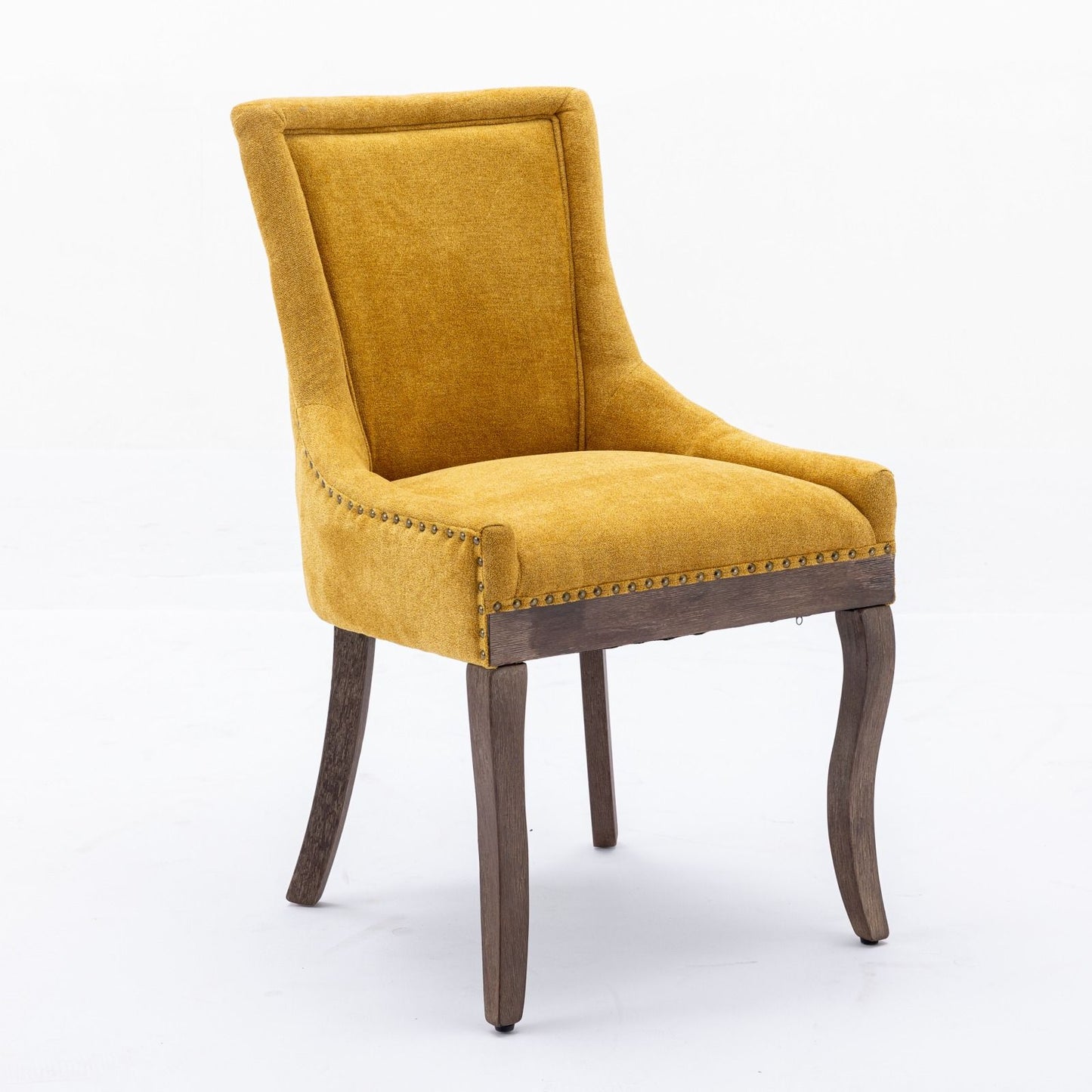 Silla de comedor Ultra Side, de tela gruesa con patas de madera maciza en tonos neutros y tachuelas de bronce (juego de 2)
