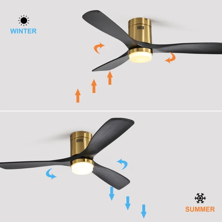 Ventilador de techo empotrado con 3 aspas de madera maciza, control remoto, motor de CC reversible para sala de estar - Dorado