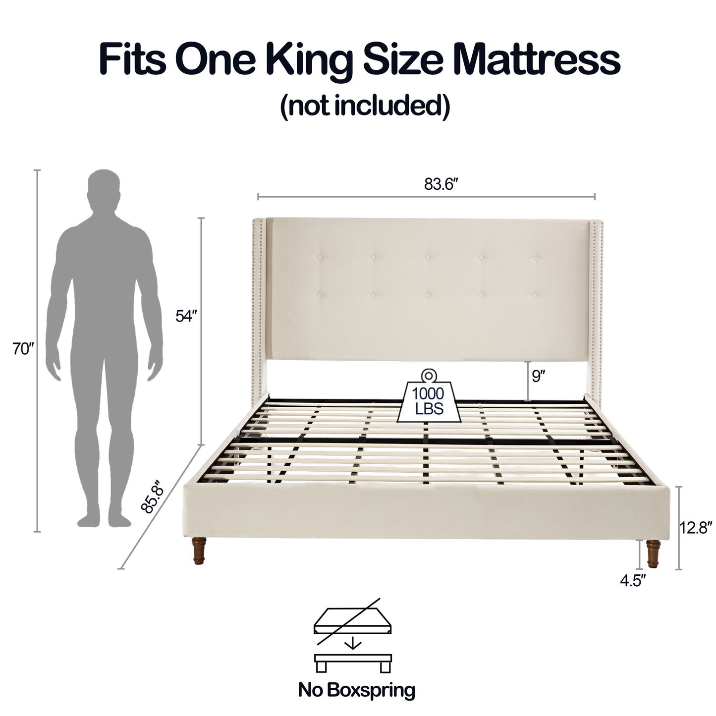 Peyton - Cama tapizada con cabecera de 137 cm de alto y capitoné tradicional abotonado a mano