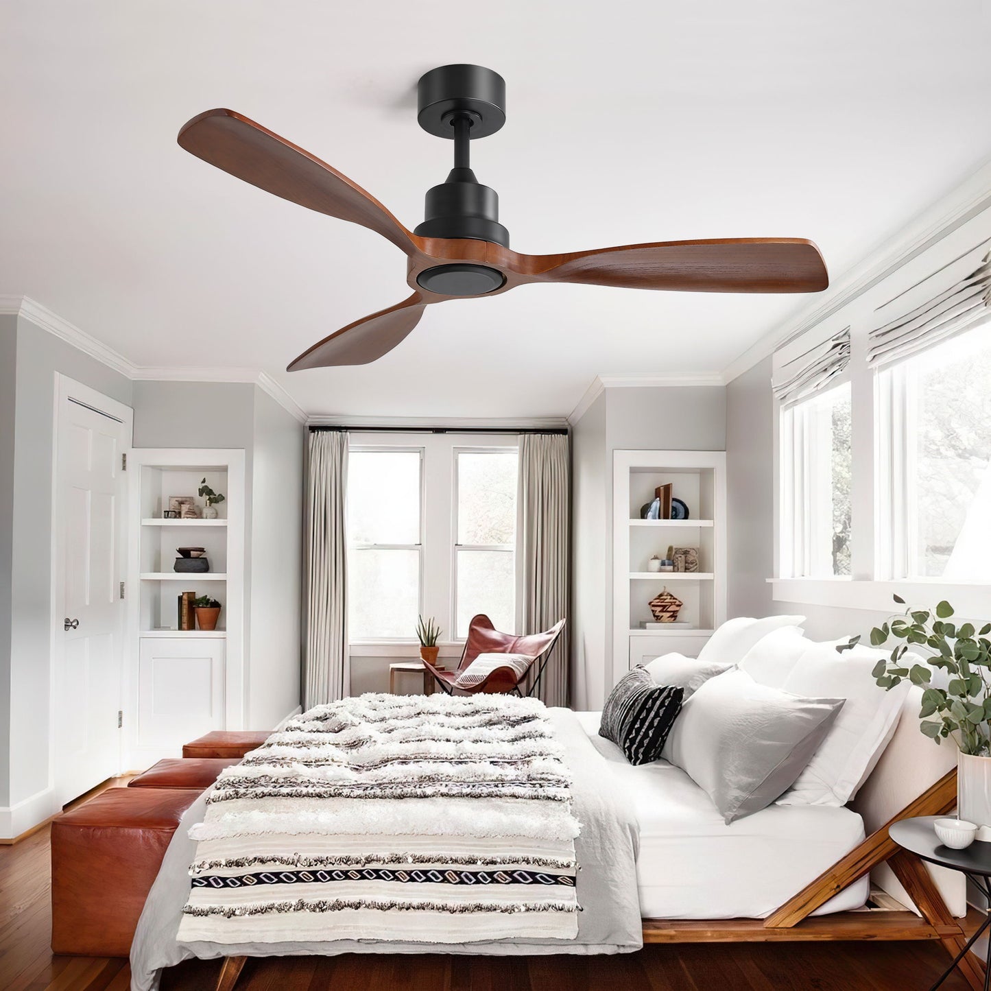 Ventilador de techo de 122 cm sin luz, 3 aspas de madera maciza, para exterior, con motor de CC reversible de 6 velocidades, para sala de estar, color negro