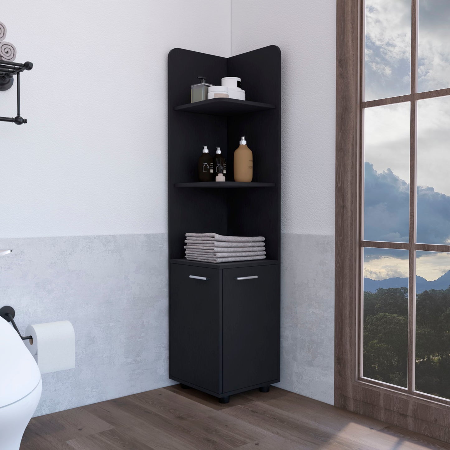 Armario esquinero alto con estante de 3 niveles y 2 puertas - Negro