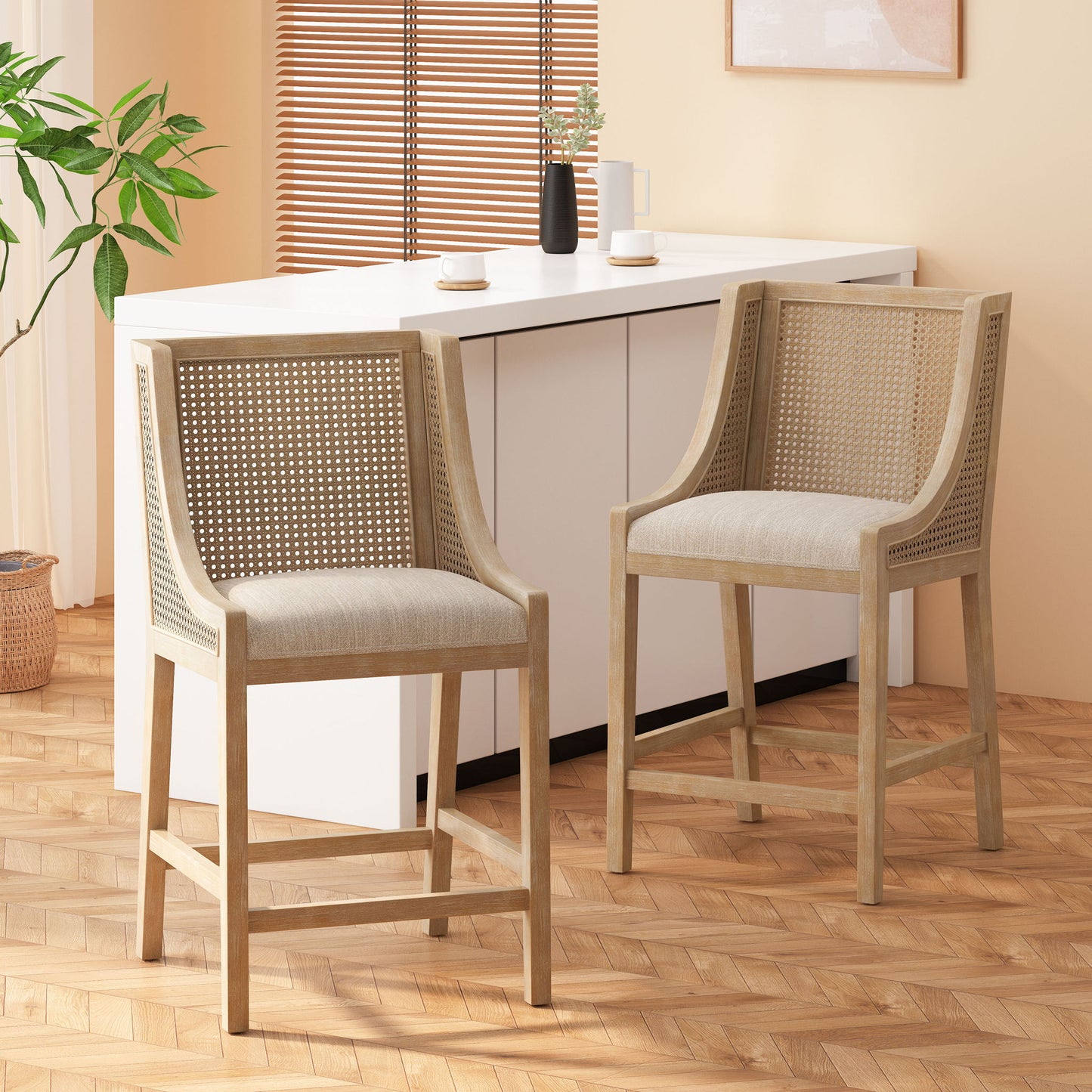 French Country Fabric Upholstered Counter Stools (Set of 2)