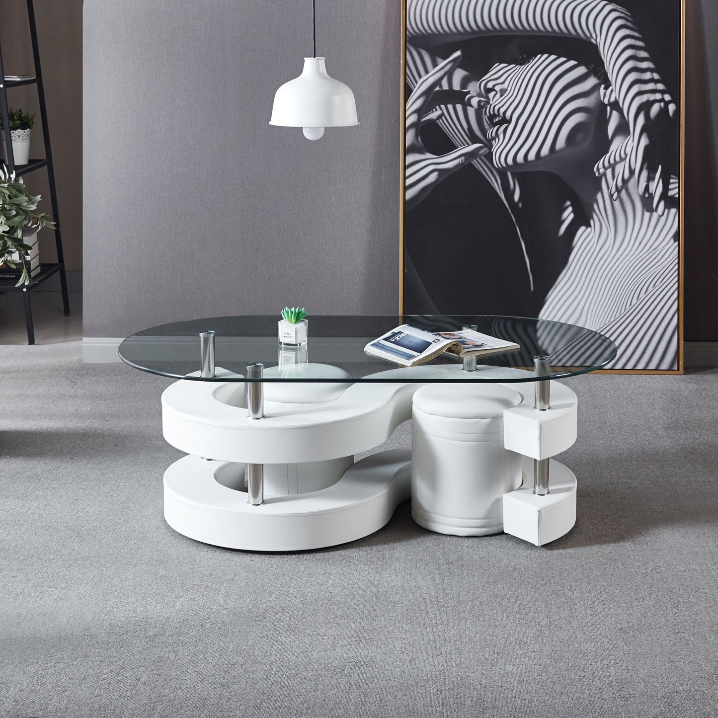 3 Pieces Coffee Table Set, Oval 10 Mm / Thick Tempered Glass Table And 2 Stools - White