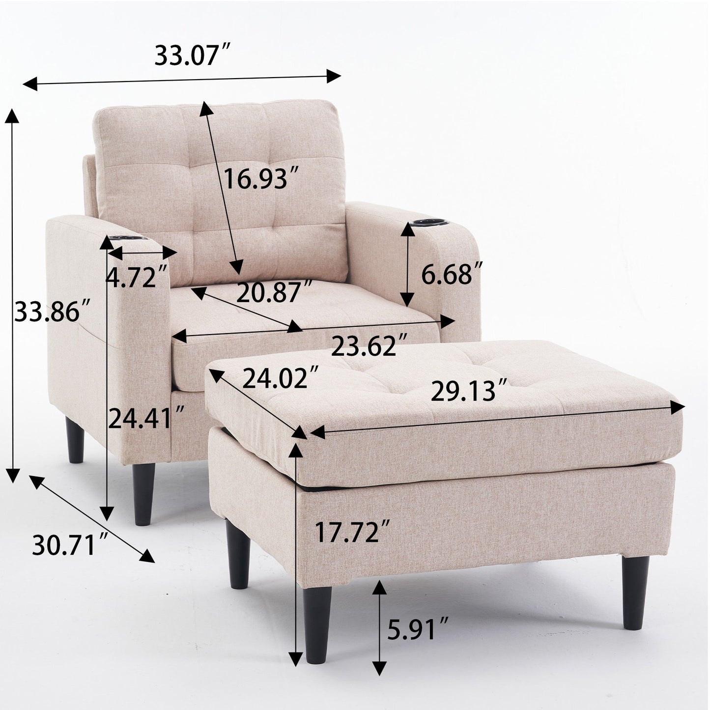 Conjunto de sillón tapizado y otomana con espacio de almacenaje, cómodo sofá individual con portavasos y detalles capitoné, ideal para sala de estar o dormitorio.