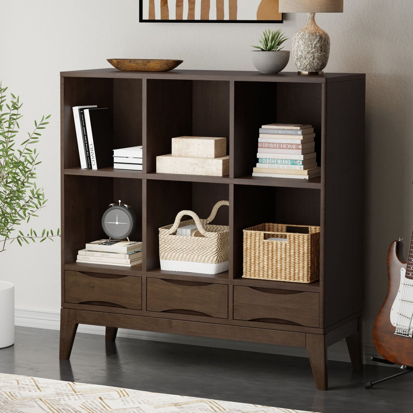 Harper - Mueble de almacenaje bajo de 6 cubos con cajones - Marrón nogal