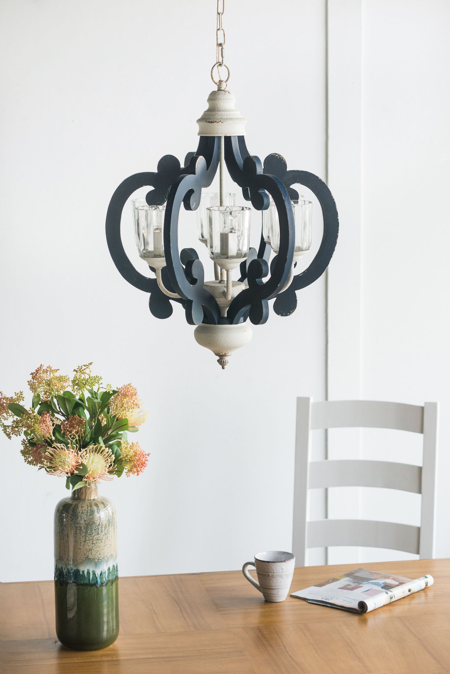 Lámpara colgante de madera de 6 luces, estilo rústico, para cocina, salón y comedor (bombilla no incluida), color crema