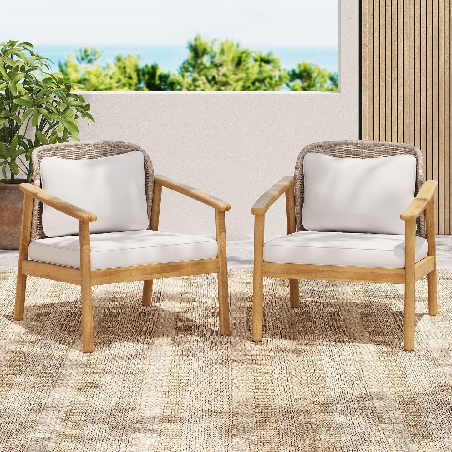 2 Piece Outdoor Acacia Wood Patio Club Chair, Patio Furniture Arm Chair With Woven Rope Backrest, Deep Seating For Porch - Light Teak / Beige