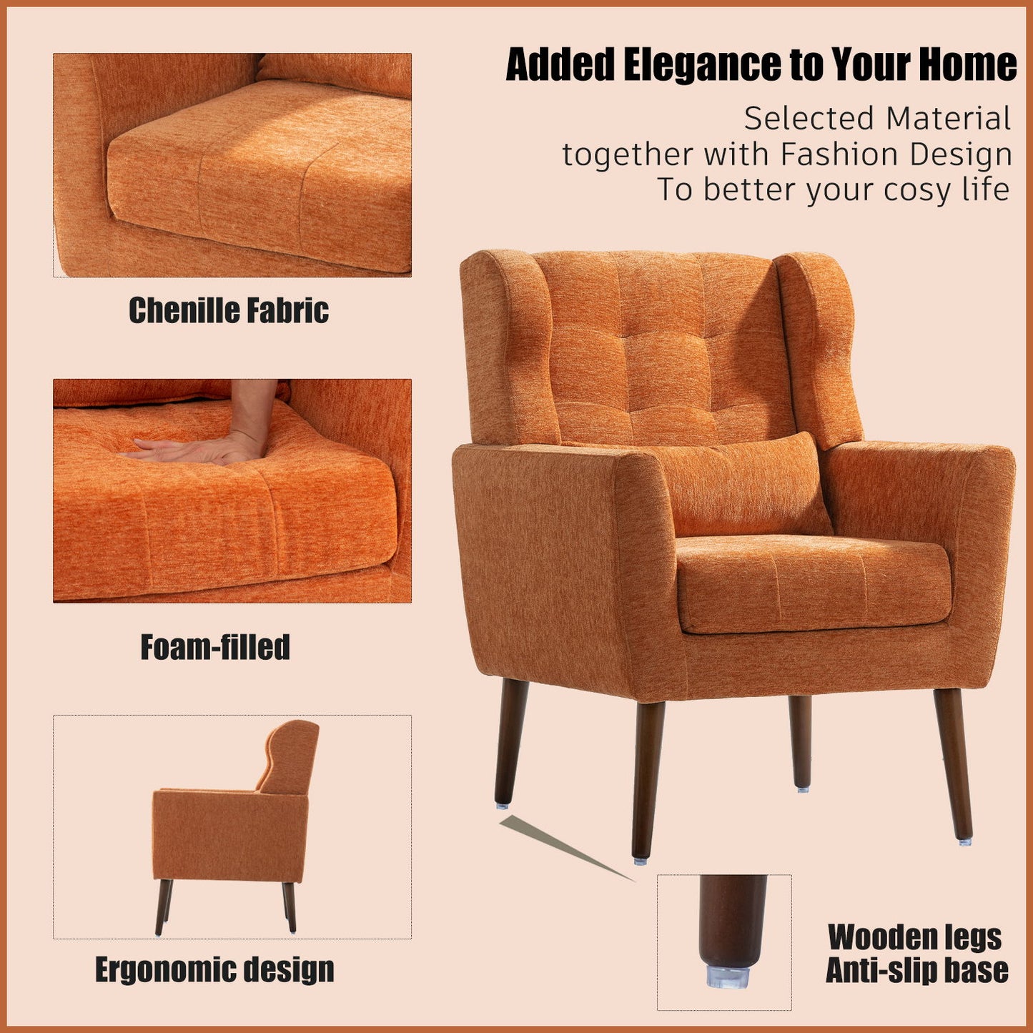 Sillón moderno con acento, sillones de chenilla para sala de estar, sillón tapizado moderno, cómodo sillón con acolchado suave para espacios pequeños, dormitorio, con almohada, patas de madera maciza