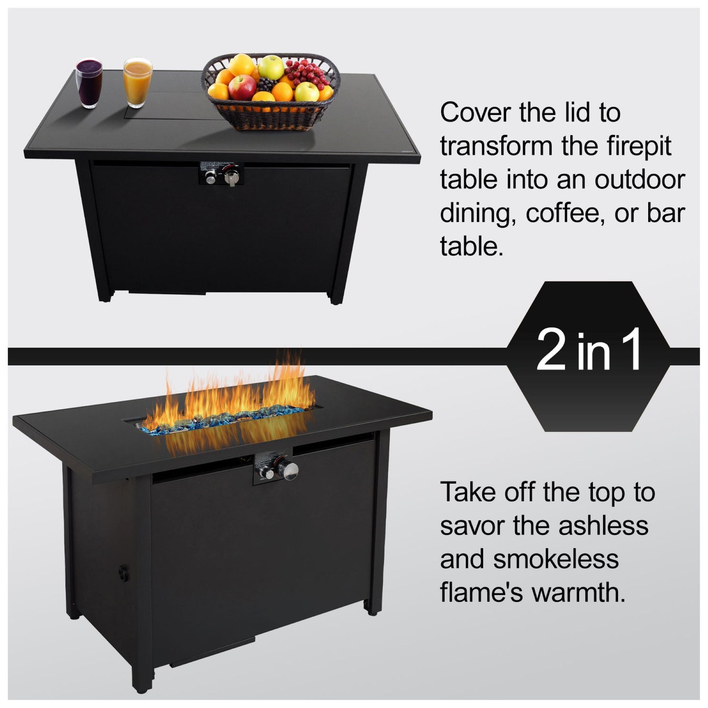 Mesa para fogata de exterior con tapa, diseño moderno, color negro