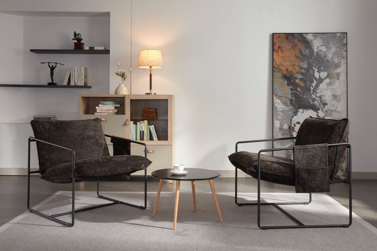Sillón colgante tapizado con reposabrazos y estructura de metal (juego de 2), cojines de espuma y trenzado hipoalergénico para sala de estar y dormitorio.