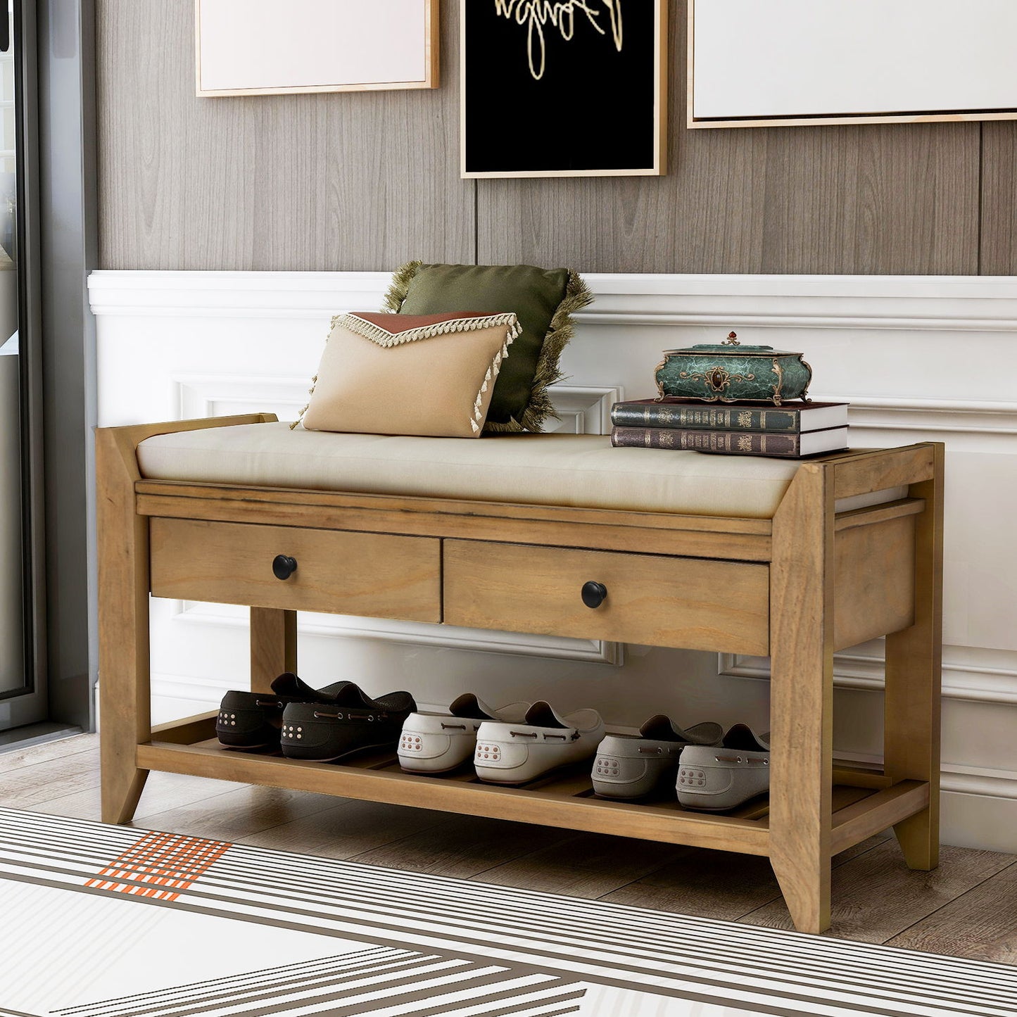 Multipurpose Entryway Shoe Rack With Cushioned Seat And Drawers