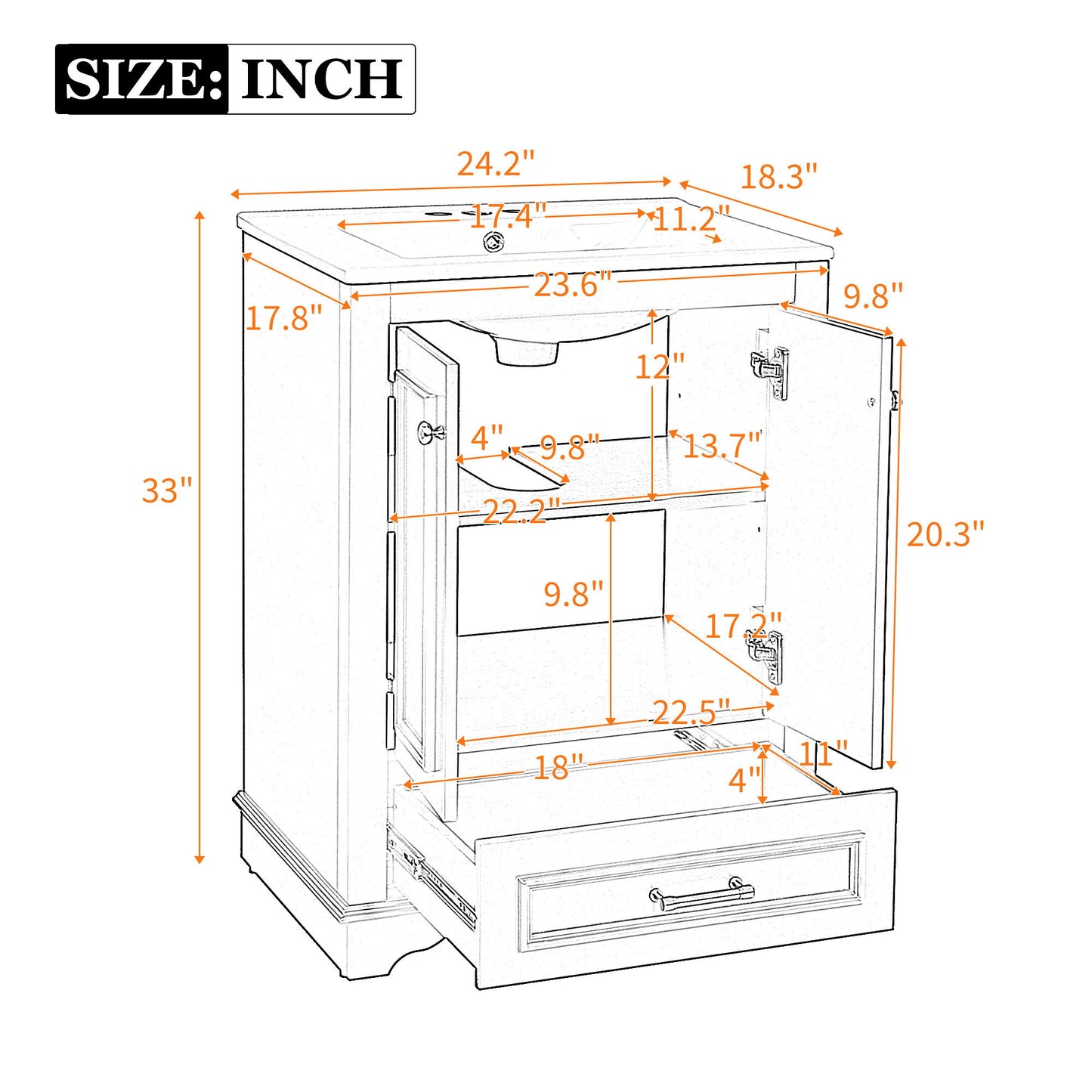 Mueble de baño con lavabo de cerámica, armario de almacenamiento moderno independiente con tiradores plateados.