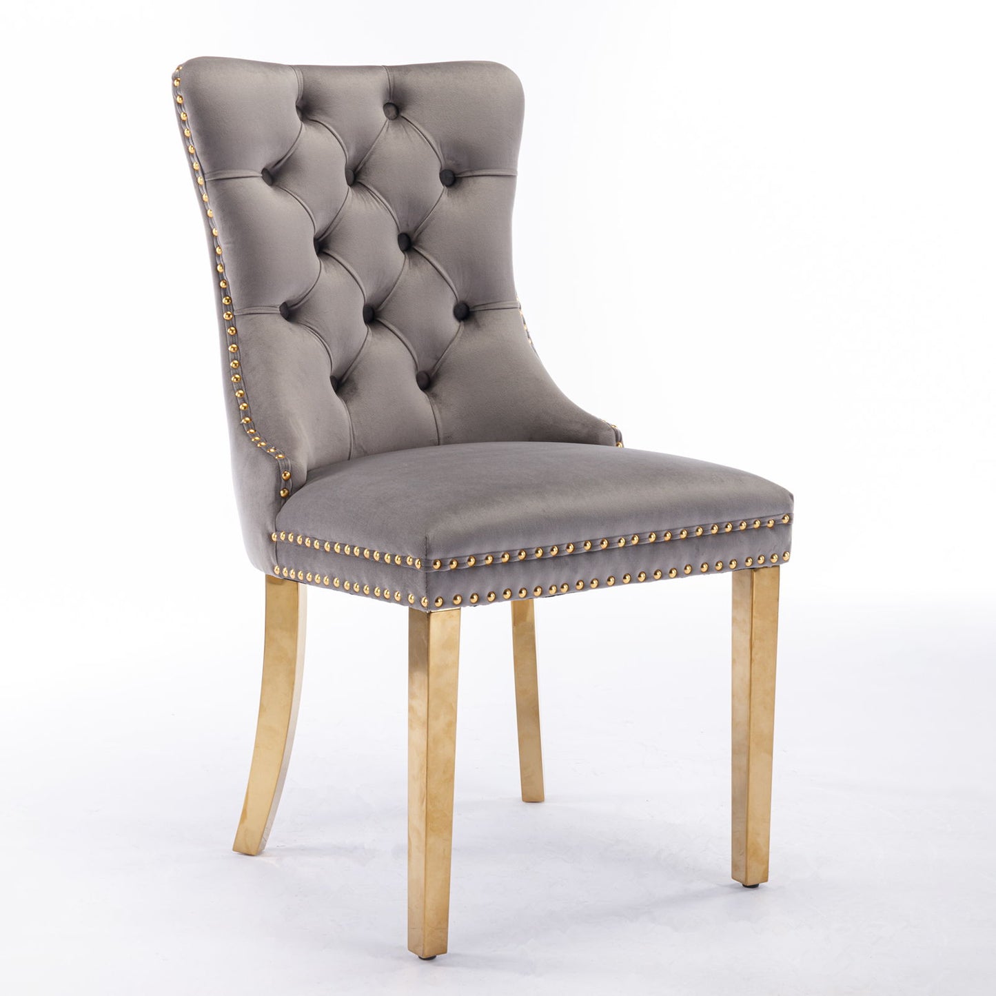 Nikki - Silla de comedor moderna y de alta gama, de madera maciza capitoné, tapizada en terciopelo, con patas de acero inoxidable dorado y ribete de tachuelas (juego de 2)