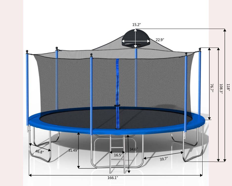 Trampolín de 4,2 m para adultos y niños con aro de baloncesto. Trampolines de exterior con escalera y red de seguridad para niños y adultos (azul).