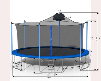Trampolín de 4,2 m para adultos y niños con aro de baloncesto. Trampolines de exterior con escalera y red de seguridad para niños y adultos (azul).