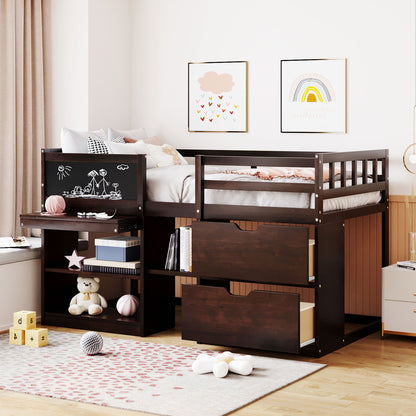Low Loft Bed With Rolling Desk, Shelf And Drawers