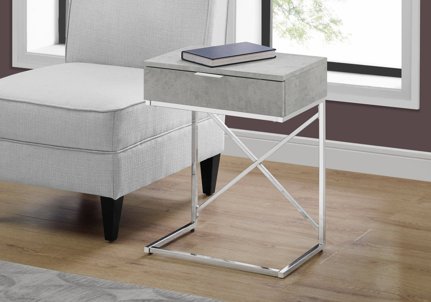 Mesa auxiliar con cajón, amplia superficie, contemporánea y moderna.