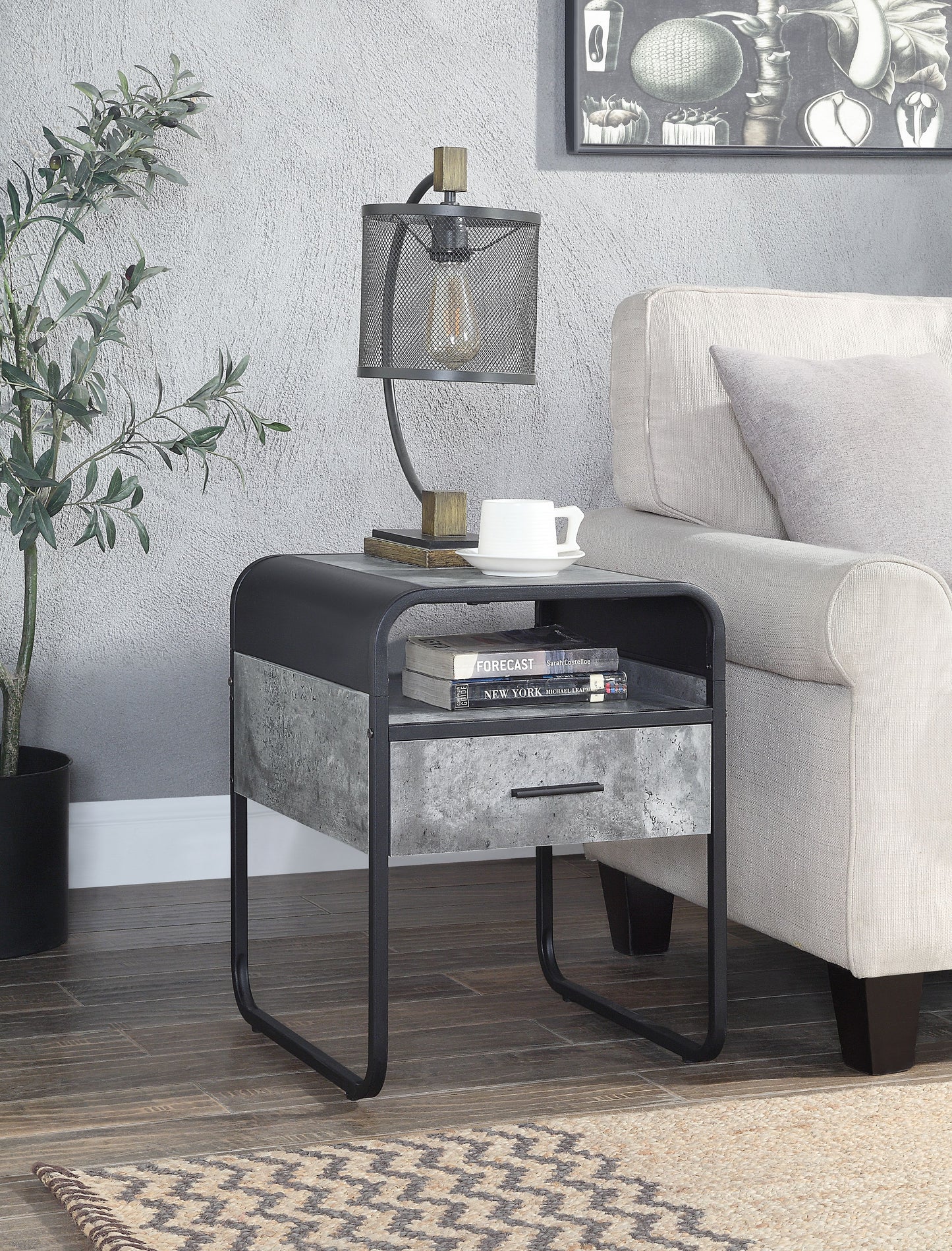 Raziela - Mesa auxiliar con cajón - Gris hormigón/Negro