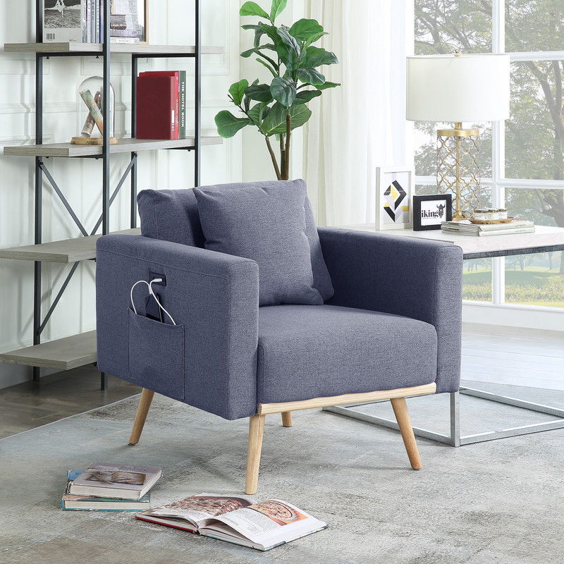 Easton - Silla de tela de lino con puertos de carga USB, bolsillos y almohadas