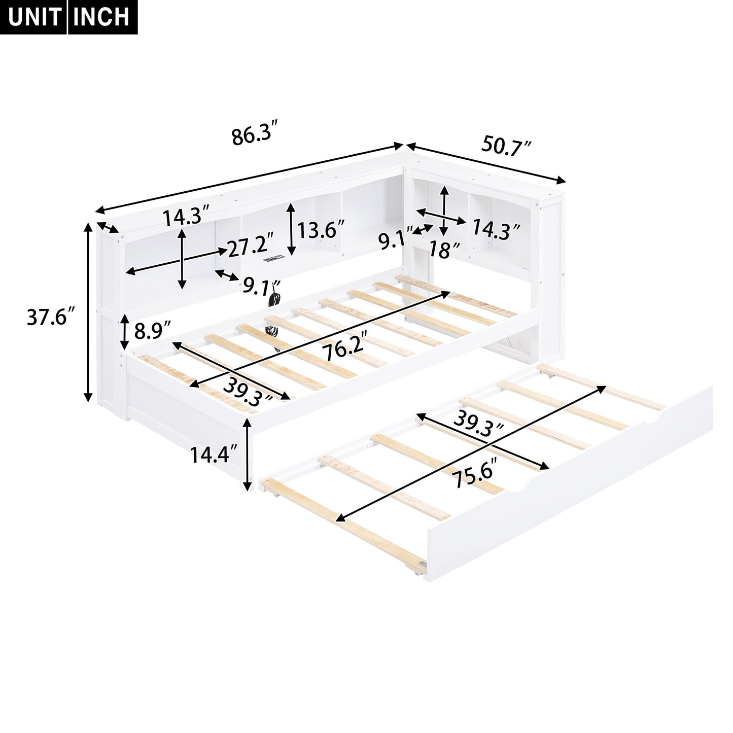 Daybed With Trundle, Storage Cabinets, USB Ports