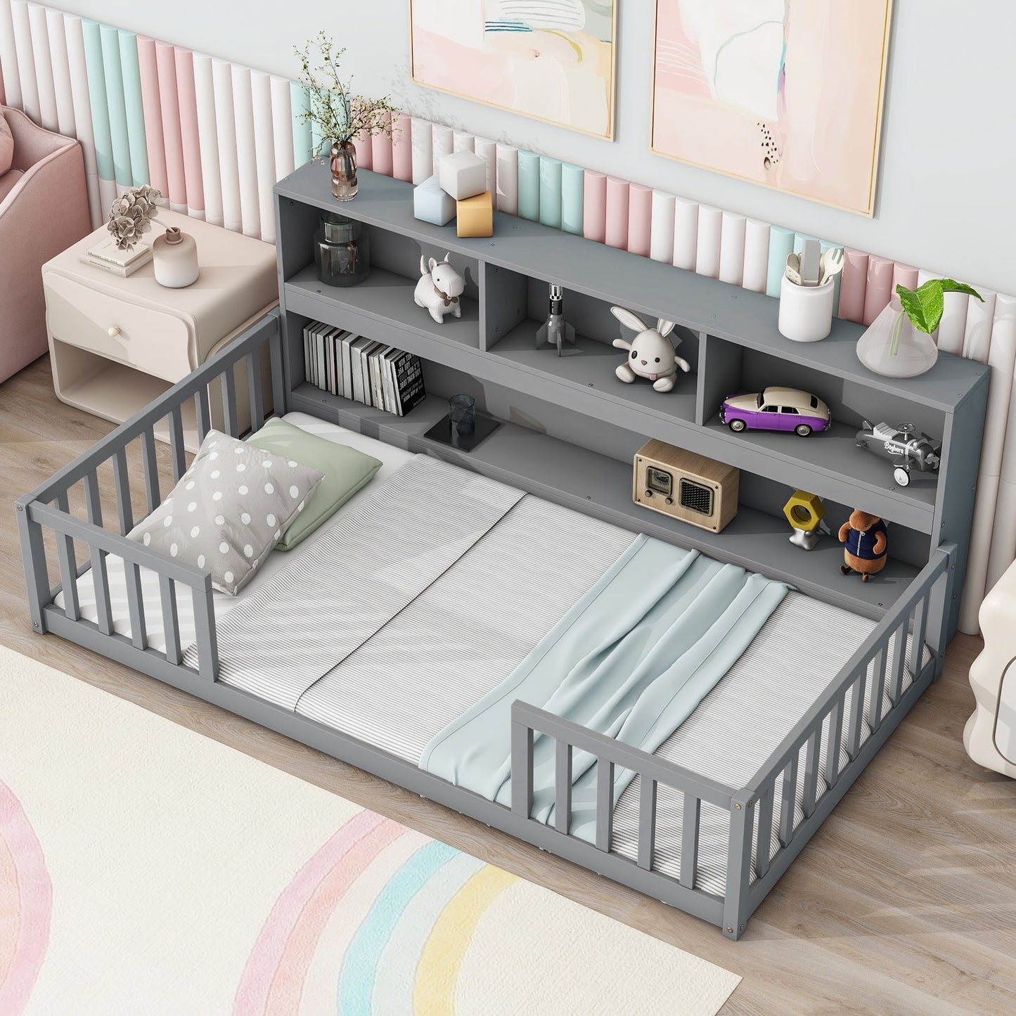 Cama de suelo con estantería, estantes y barandillas
