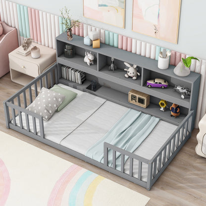 Cama de suelo con estantería, estantes y barandillas