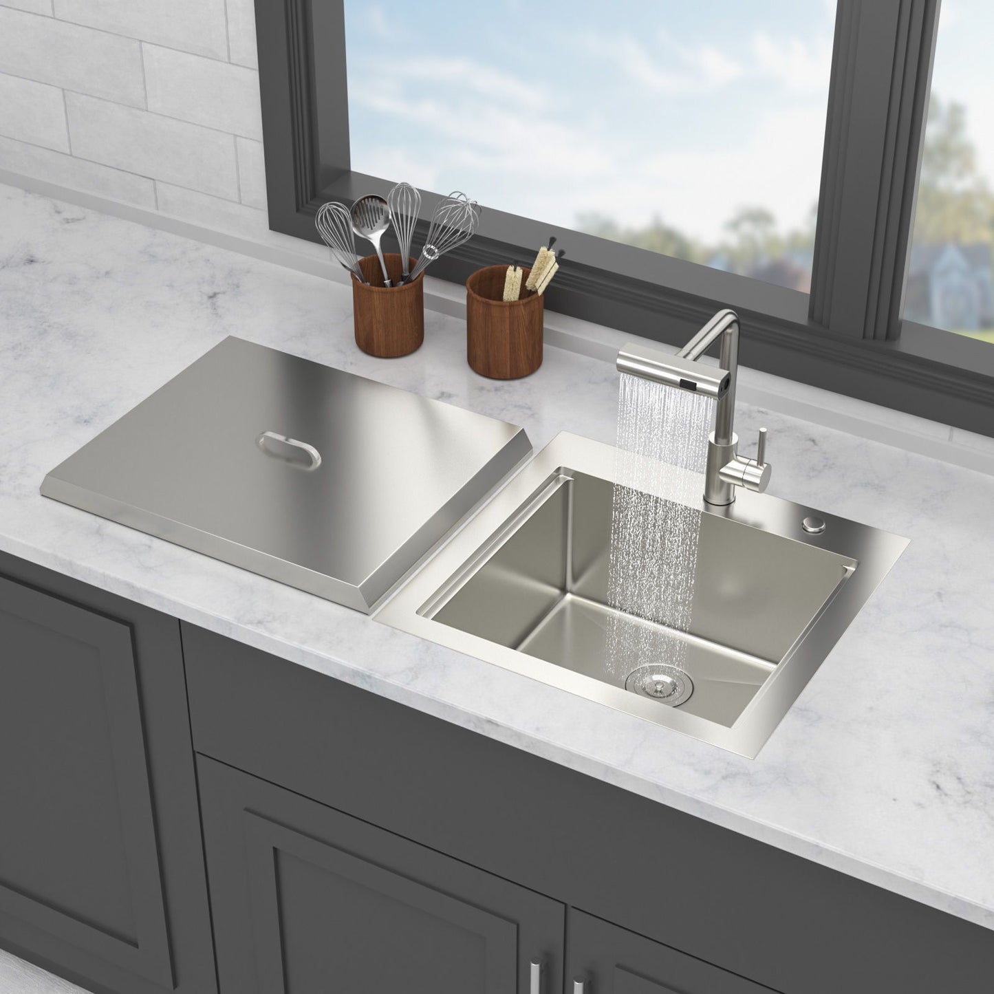 21" Drop In Kitchen Sink With Pull Out Faucet And Sink Cover, 16 Gauge - Brushed Nickel