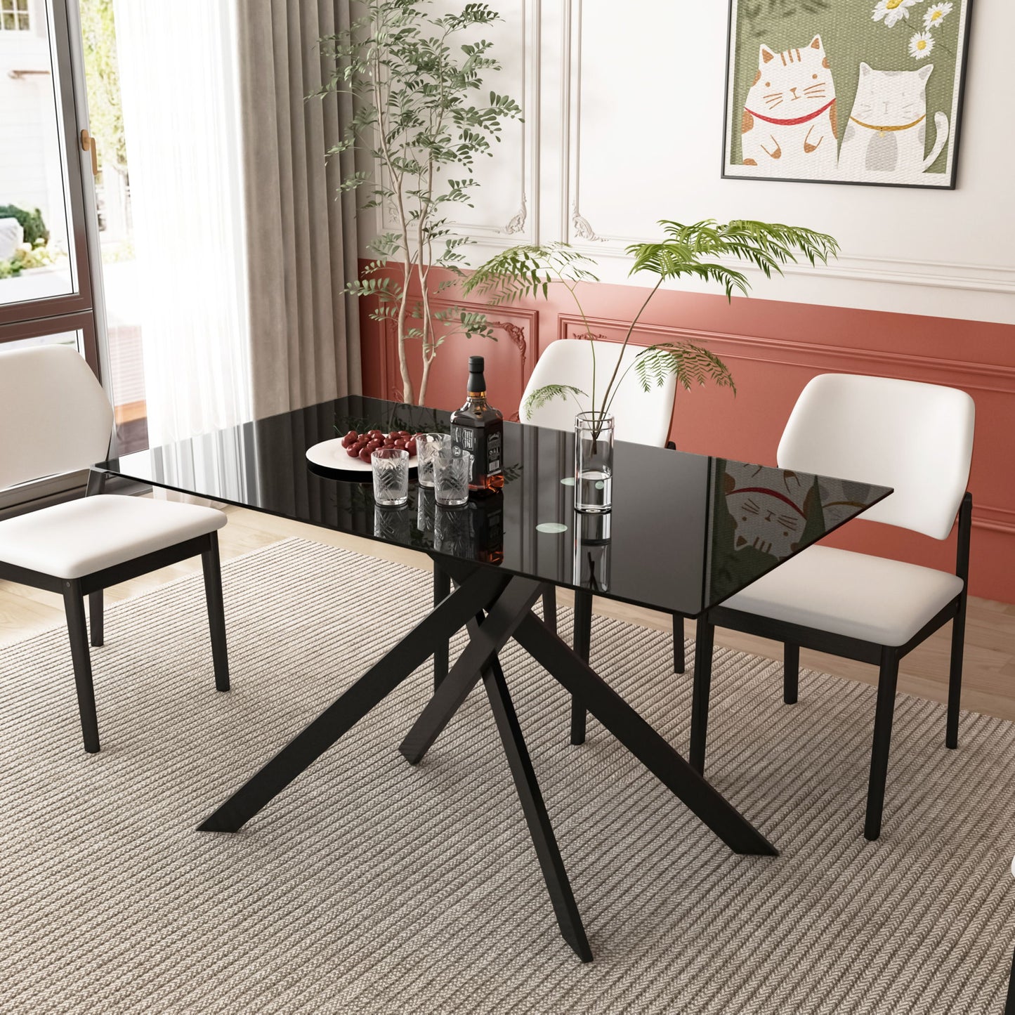Rectangular Black Tempered Glass Dining Table, Stylish Design With Chrome Plated Metal Legs, Dining Table For Dining Room - Black