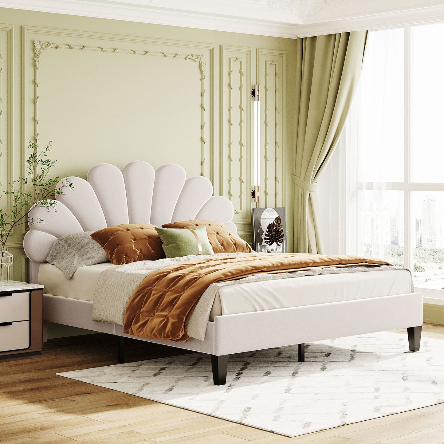 Cama de plataforma tapizada con cabecero de terciopelo con estampado floral