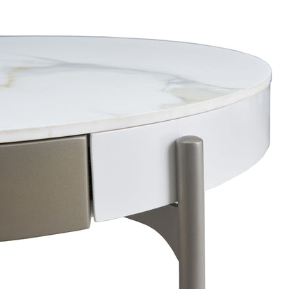 Modern Round Coffee Table With Storage Drawers Handcrafted Ceramic Inlay Tabletop 2 Tone Wood Legs Scandinavian Living Room Center Table - White / Gray