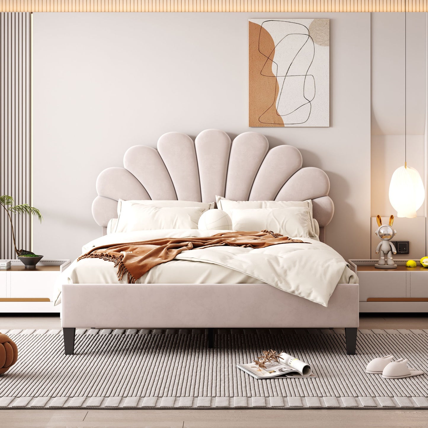 Cama de plataforma tapizada con cabecero de terciopelo con estampado floral