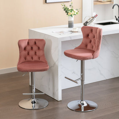 Taburetes giratorios de terciopelo con altura de asiento ajustable de 63 a 84 cm. Modernos taburetes de bar con base cromada y tapizados, cómodos y capitoné para el hogar, el pub y la isla de cocina (juego de 2).