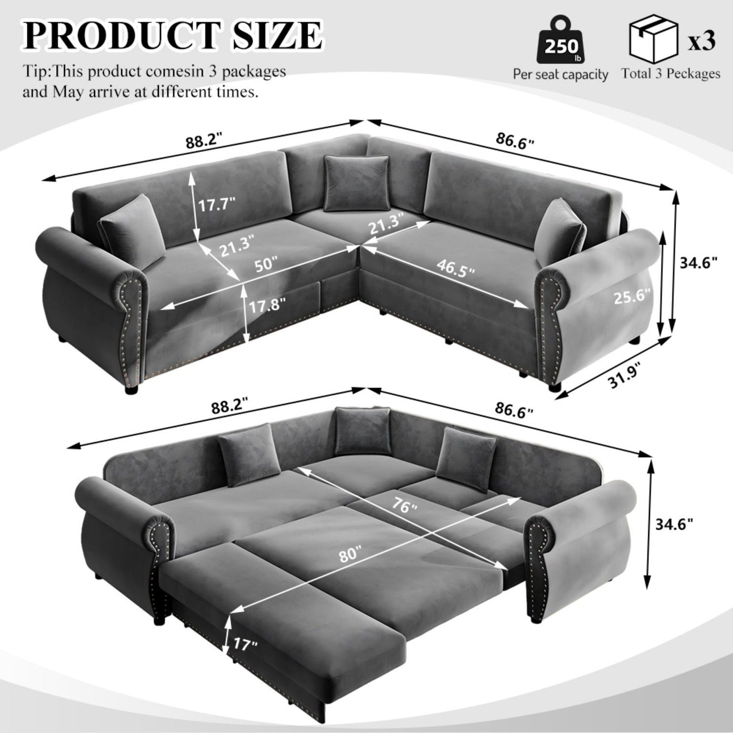 L-Shaped Sofa Couch With Pull-Out Bed