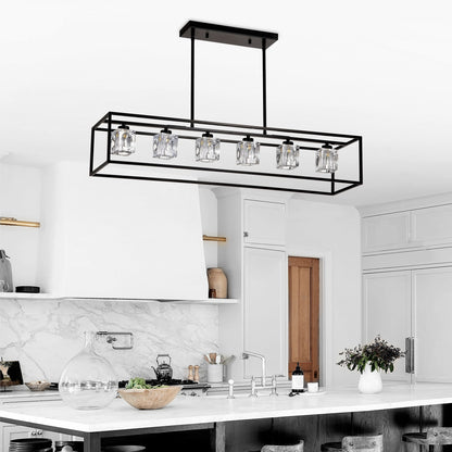 Lámpara colgante de estilo rústico de 6 luces, moderna lámpara colgante industrial lineal rectangular de cristal con forma de jaula para comedor, isla de cocina, bar, mesa larga, incluye 6 bombillas G9 - Negro mate